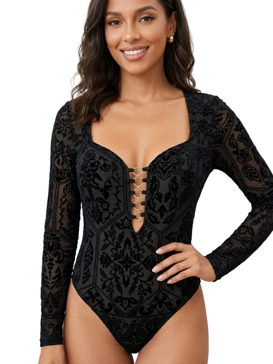 Body Velvet Damascato con Scollo a Cuore e Dettagli Gold