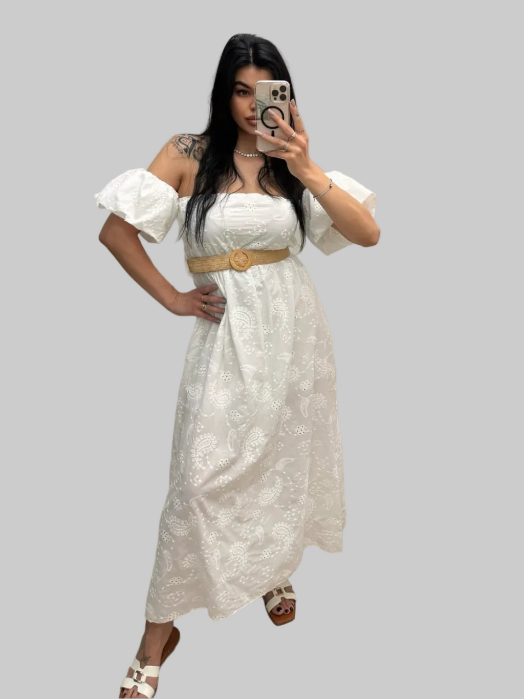 Abito Lungo in Sangallo "Boho-Chic" – Bianco Ottico (Cintura Inclusa)