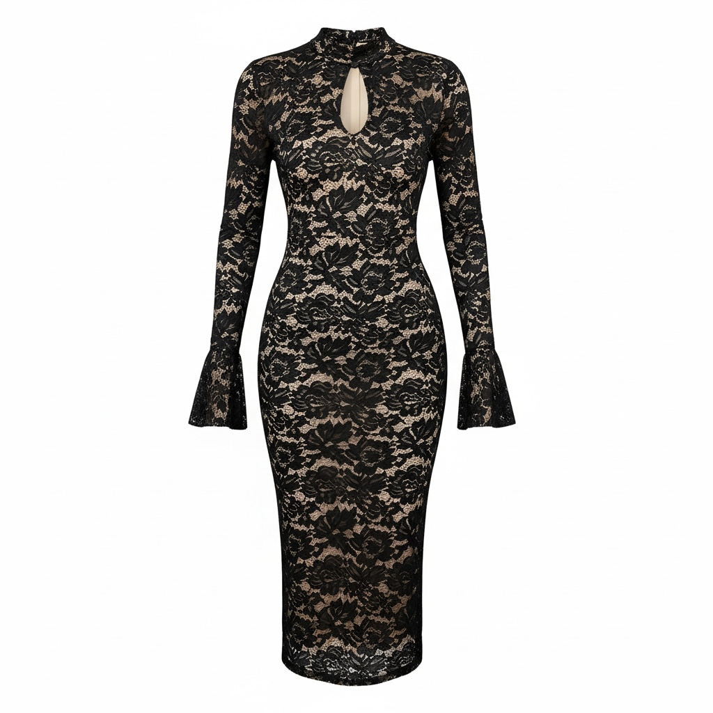 Abito Midi "Lace Elegance" in Pizzo con Maniche a Campana