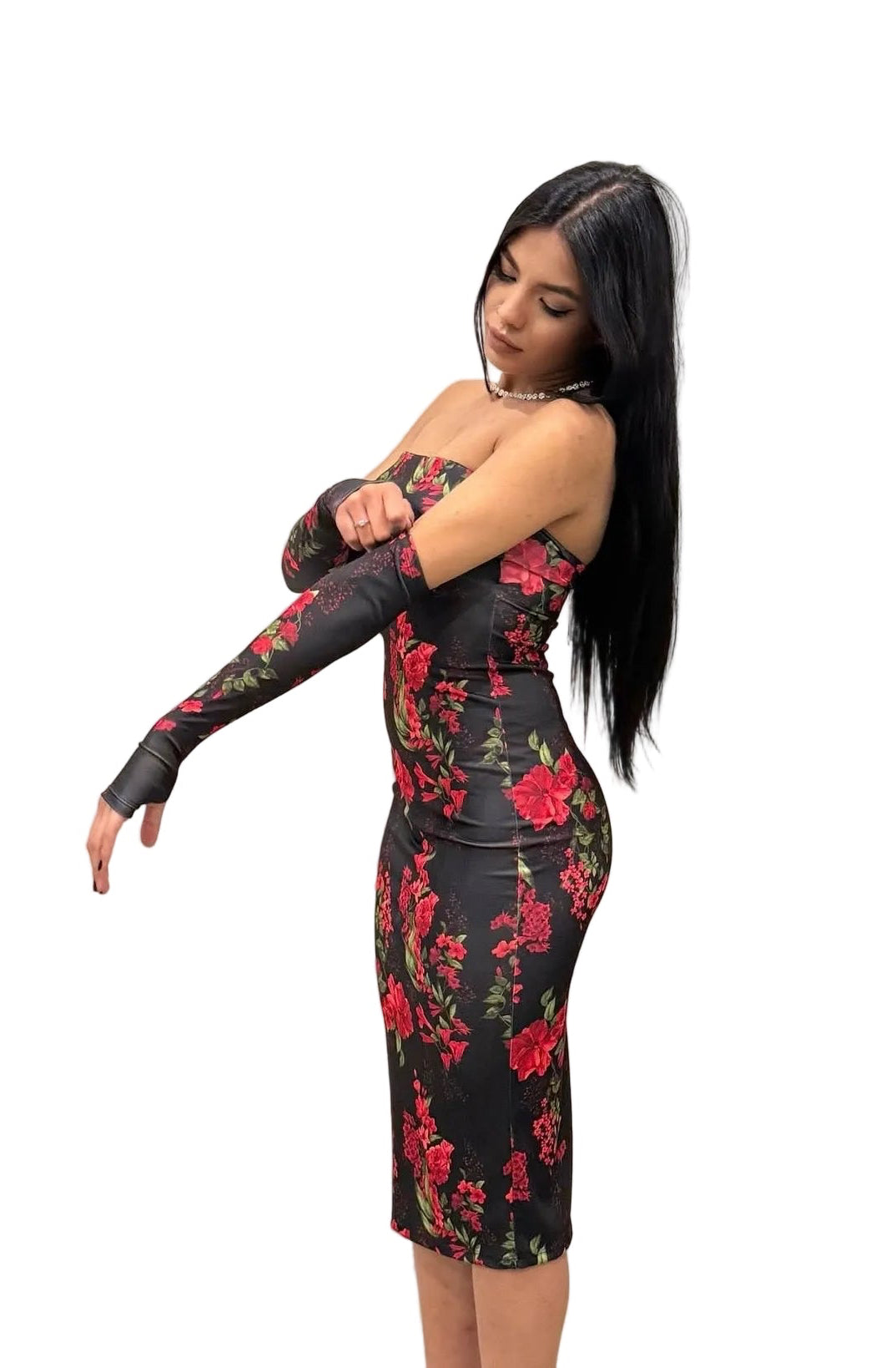 Set Abito Midi e Guanti con Fori – Stampa Floreale Rossa e Nera