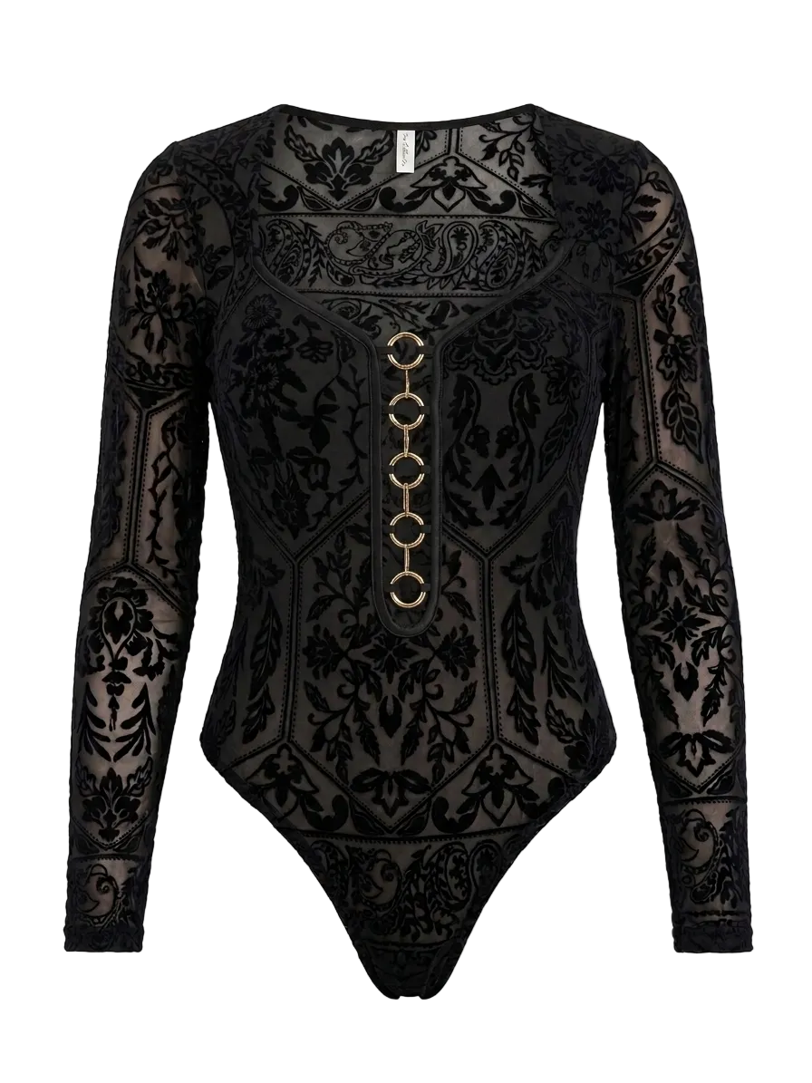 Body Velvet Damascato con Scollo a Cuore e Dettagli Gold
