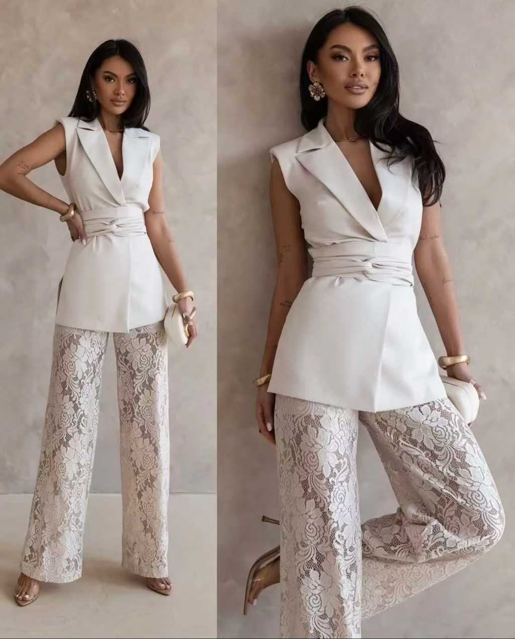 Completo "Chic" – Gilet Strutturato e Pantaloni in Pizzo
