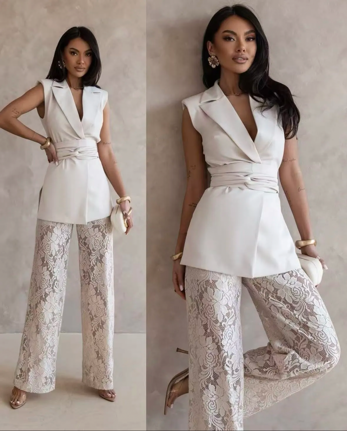 Completo "Chic" – Gilet Strutturato e Pantaloni in Pizzo