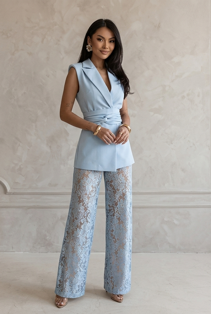 Completo "Chic" – Gilet Strutturato e Pantaloni in Pizzo