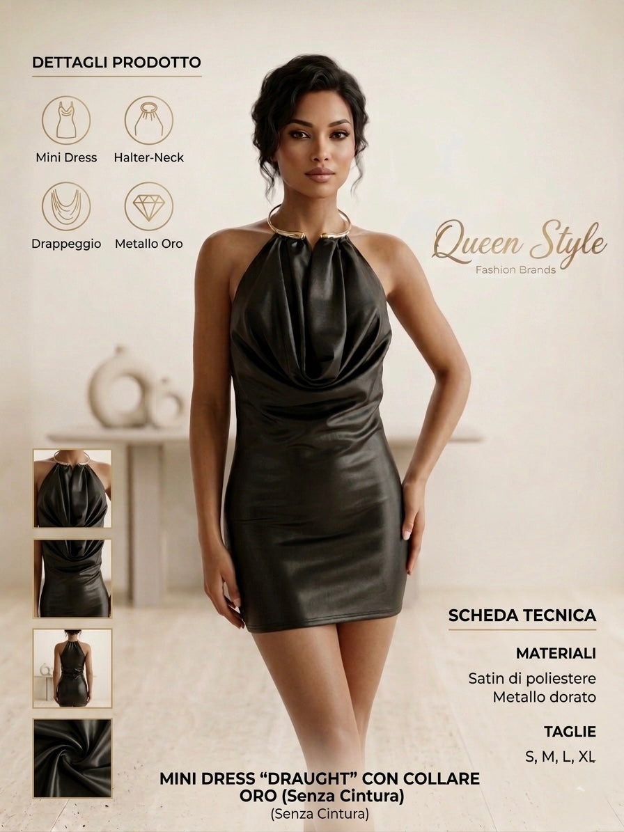 Mini Dress "Aura" – Satin Drappeggiato con Collarino Oro