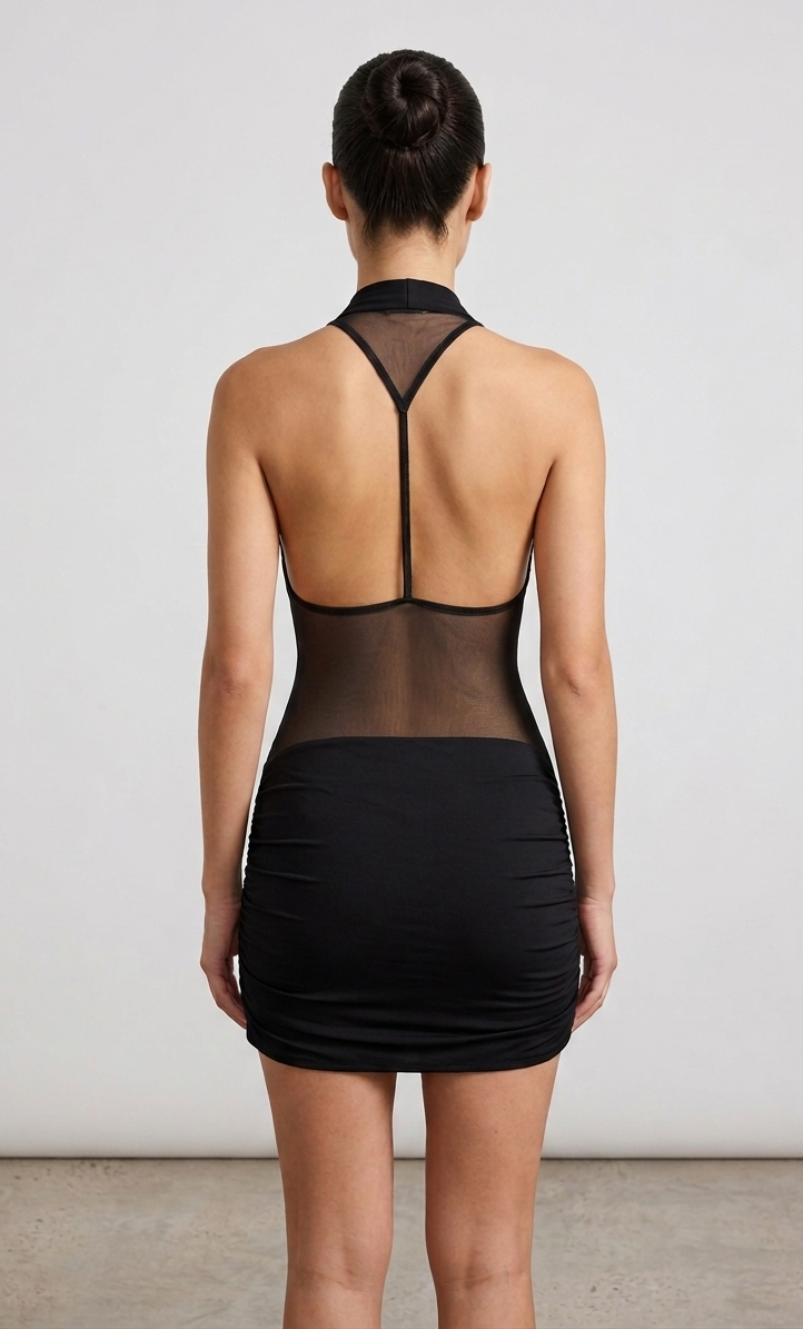 Mini Abito Nero Drappeggiato con Schiena in Mesh
