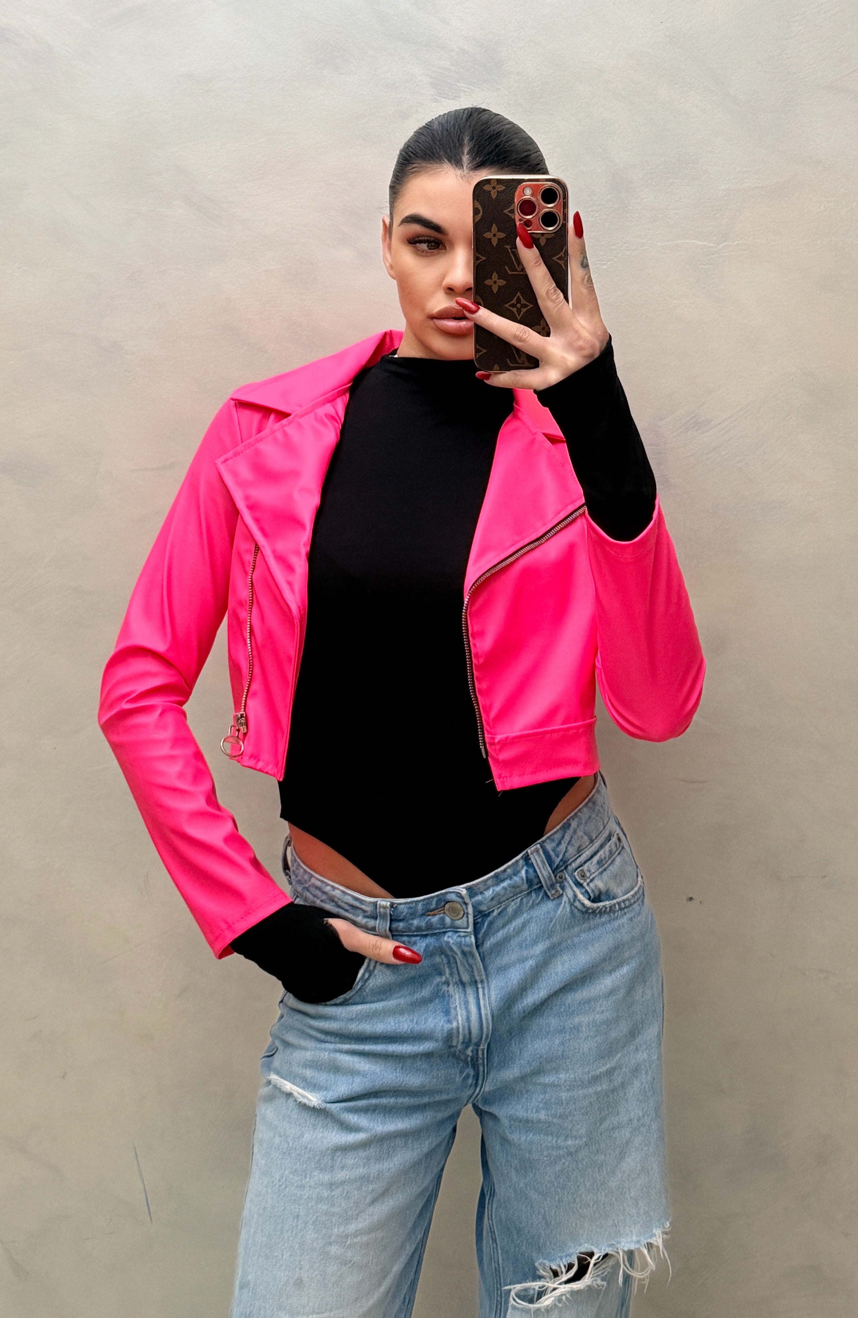 Chiodo in Ecopelle "Neon Glam" – Rosa Fluore