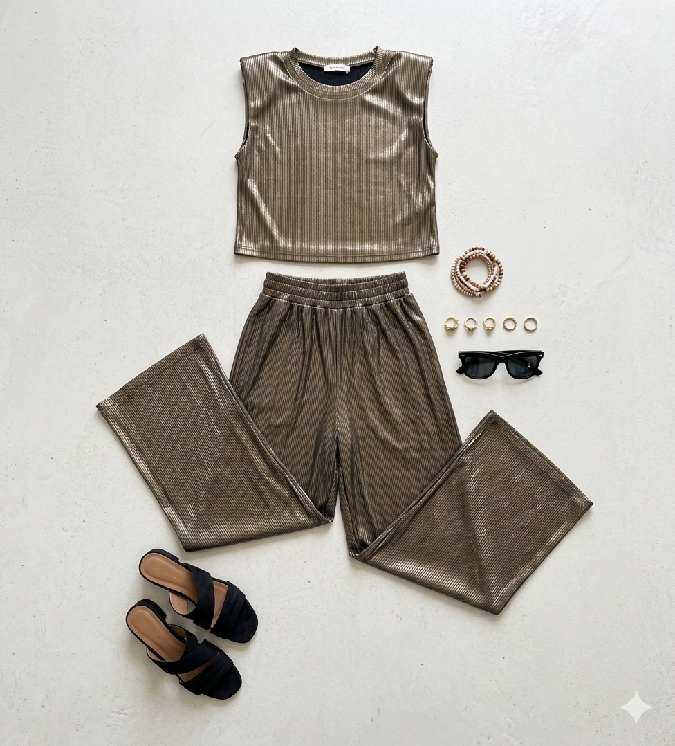 Set Coordinate "Metallic Muse" – Top con Spalline Imbottite & Pantaloni Wide Leg