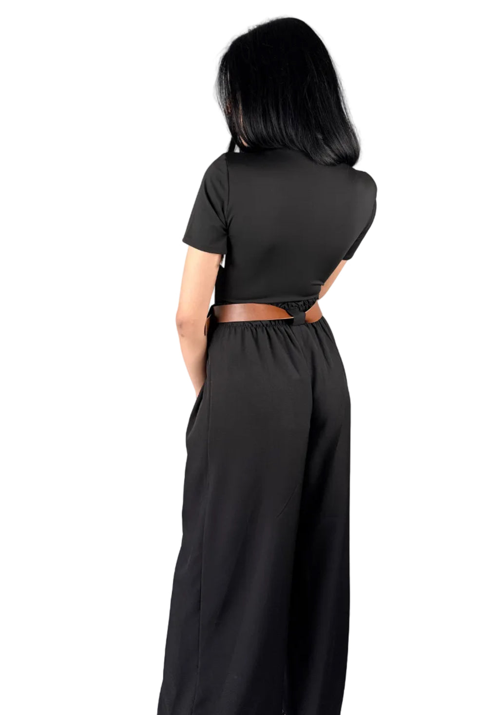 Pantalone Wide Leg con Drappeggio e Cintura Inclusa - Black