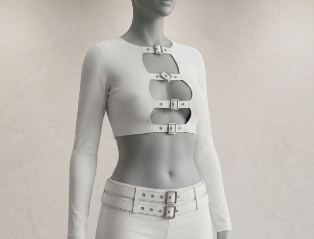 Maglia Crop a Maniche Lunghe con Fibbie e Cut-Out (Fronte-Retro)