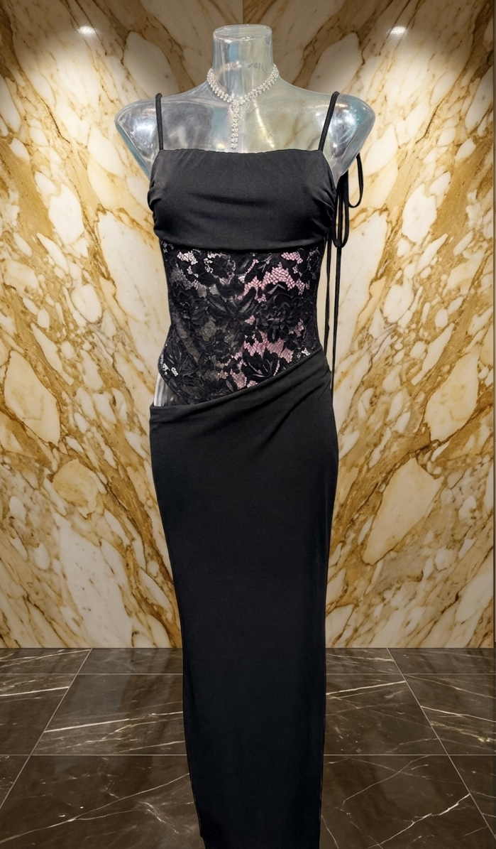 Abito Lungo "Night Mystery" – Nero con Bustier in Pizzo