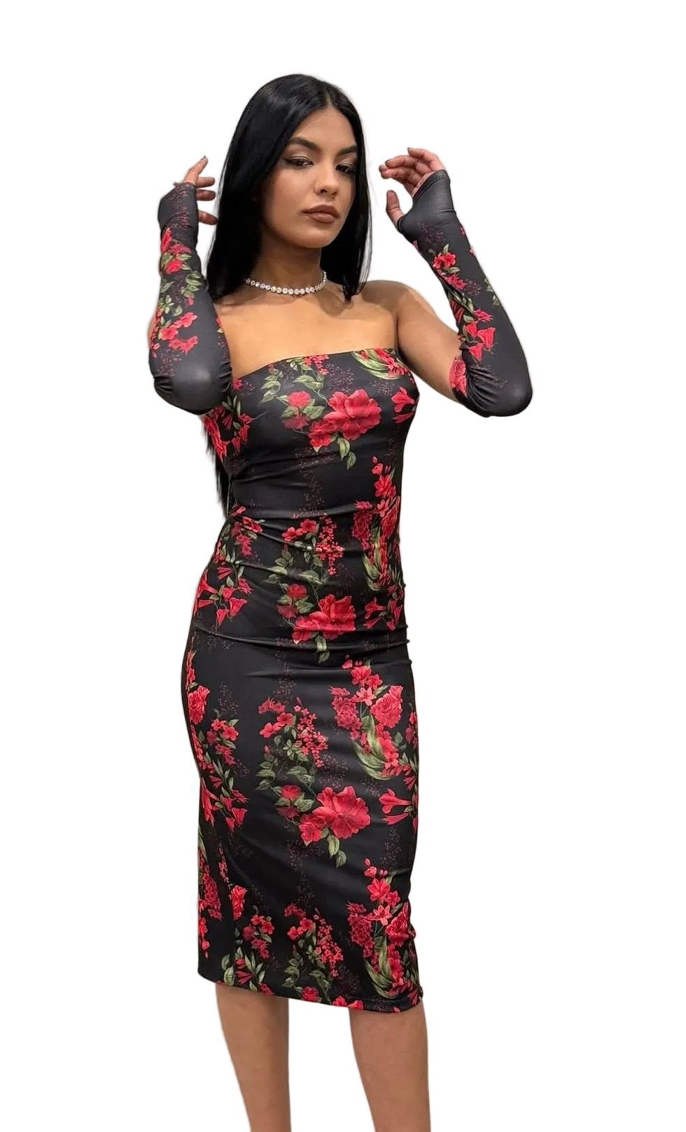 Set Abito Midi e Guanti con Fori – Stampa Floreale Rossa e Nera