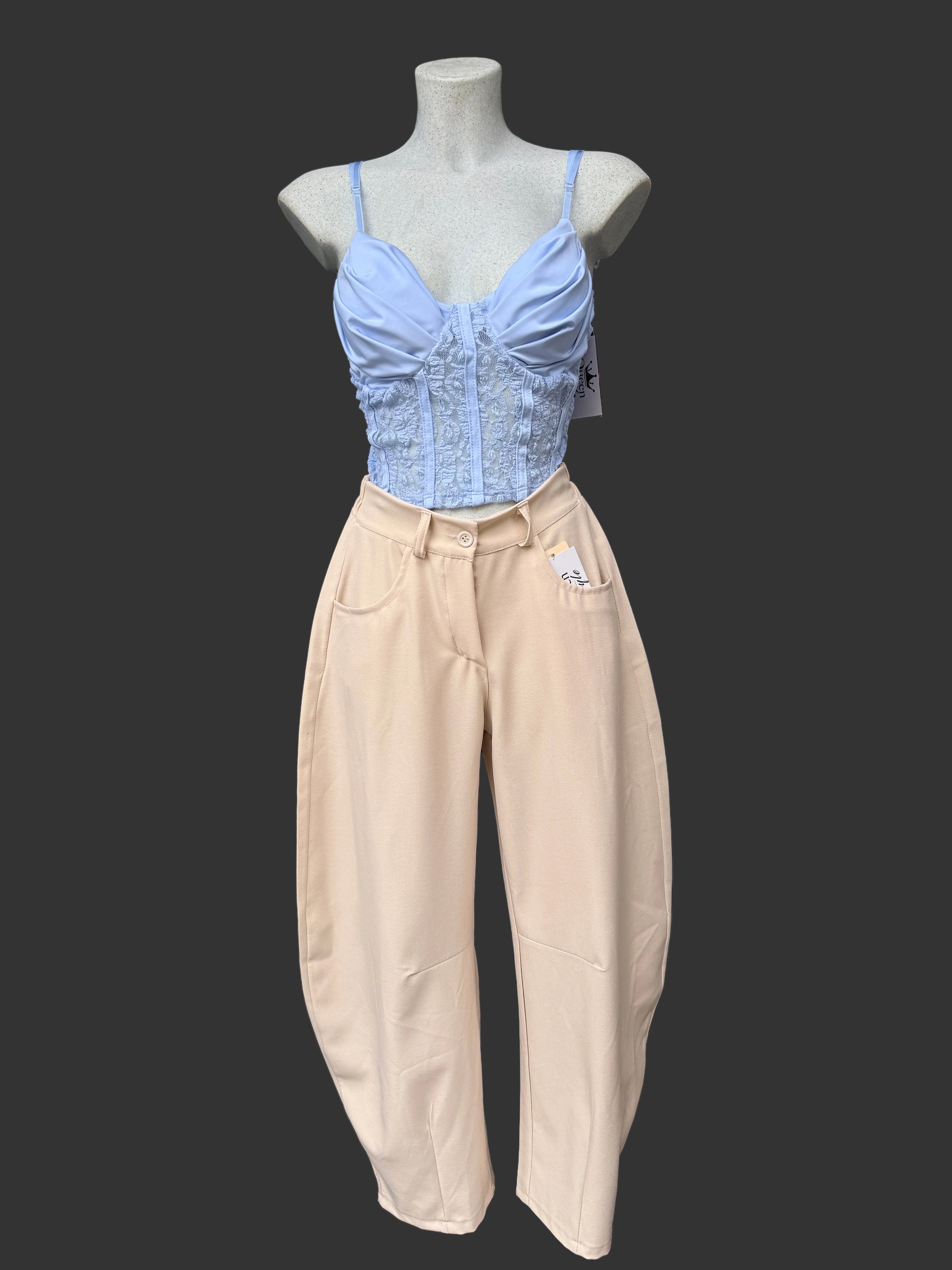 Pantaloni Balloon a Vita Alta – Beige Crema/celeste