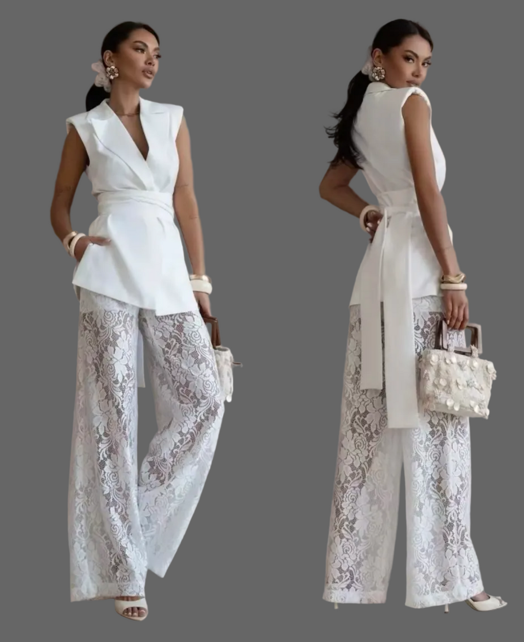 Completo "Chic" – Gilet Strutturato e Pantaloni in Pizzo