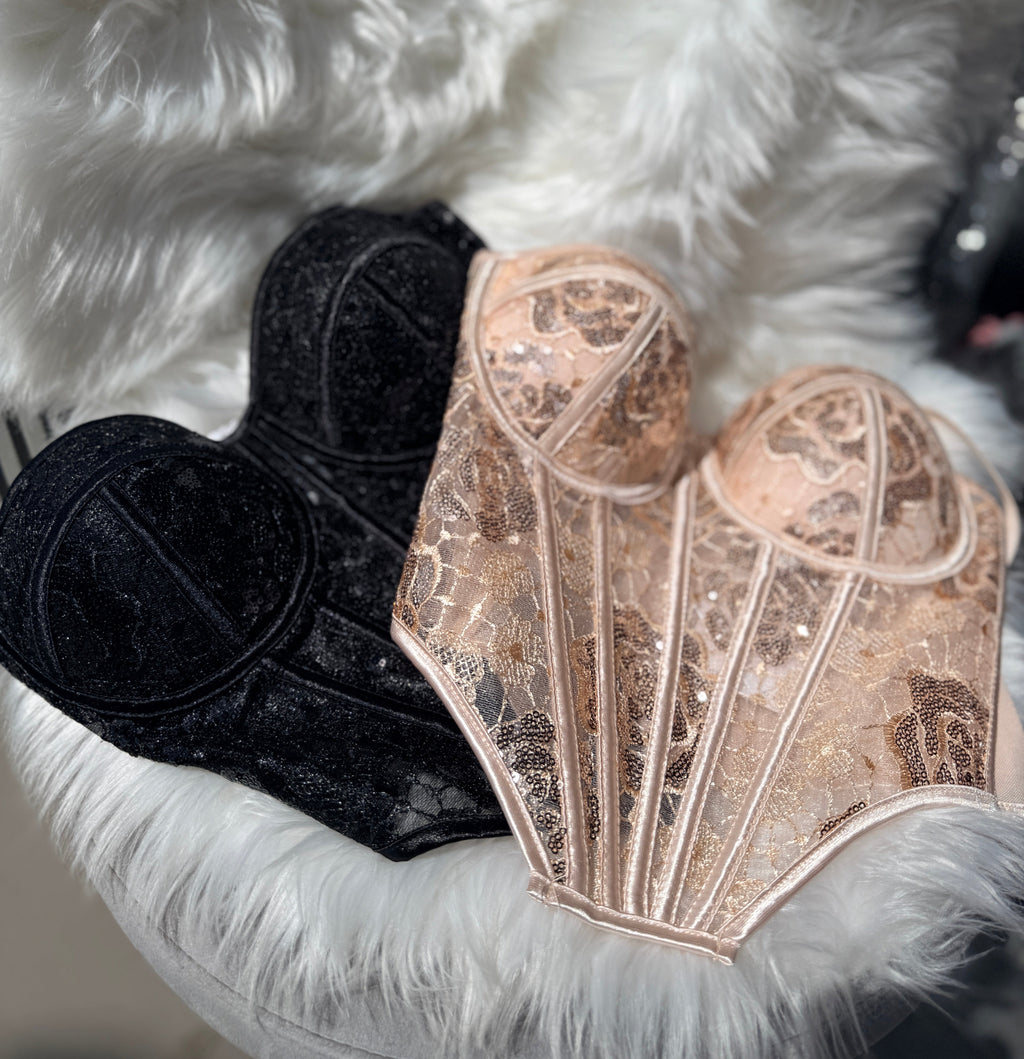 Corsetto Bustier in Pizzo e Paillettes – Nero Notte