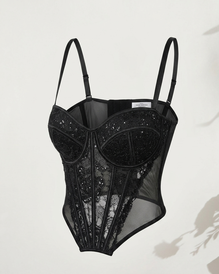 Corsetto Bustier in Pizzo e Paillettes – Nero Notte