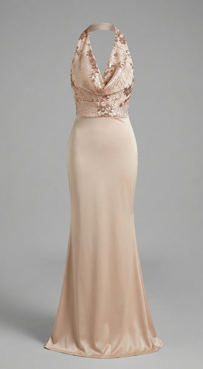 Abito Elegante con Corpetto in Paillettes e Gonna Saten